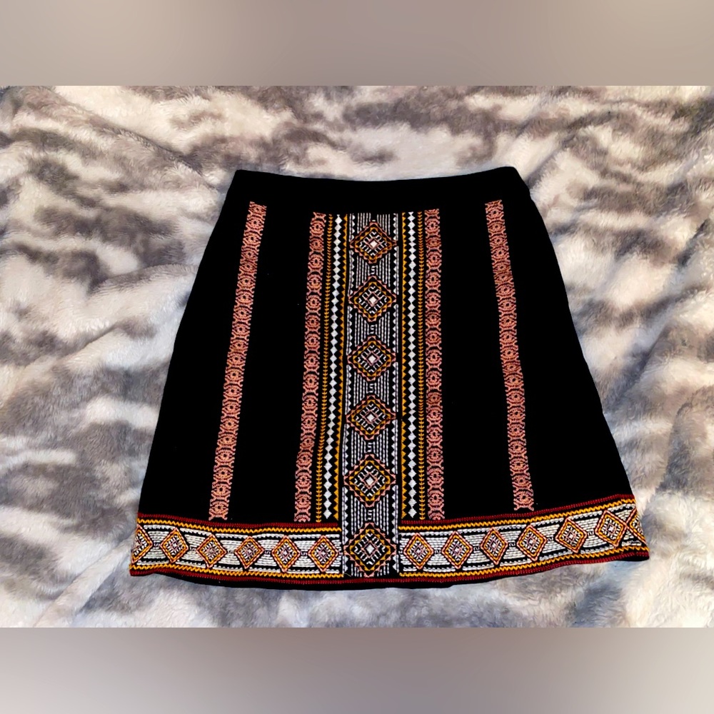 Black Denim Mini Skirt with Intricate Floral Embroidery